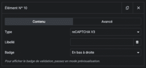 Réglages Elementor formulaire - Recaptcha